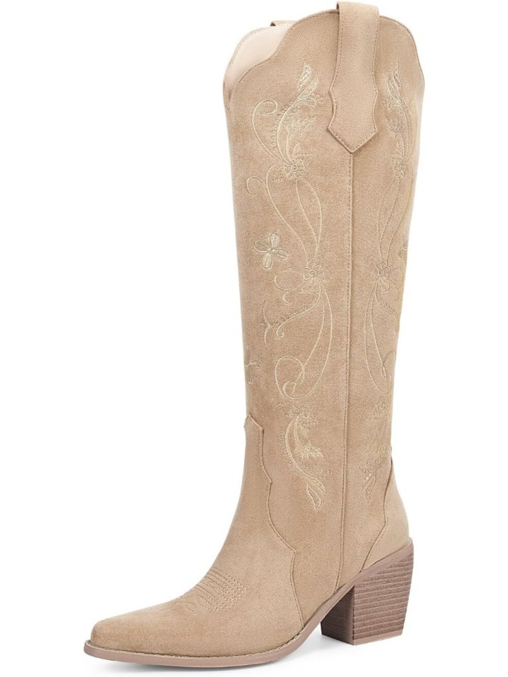 Women's Apricot Faux Suede Embroidered Pointed Toe Comfortable Knee High Boot